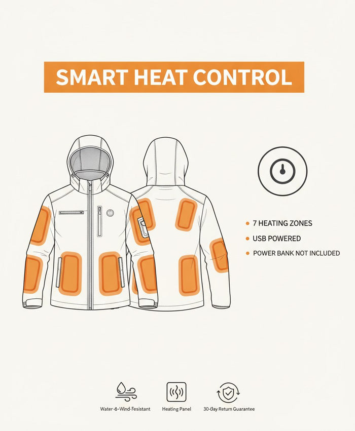 Heated Jacket for Men & Women, Soft-Shell Hooded, USB Powered, 7 Heating Zones, Fleece-Lined for Hiking & Work