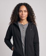 Women's heated jacket with hood, 7 heating zones - studio model photo