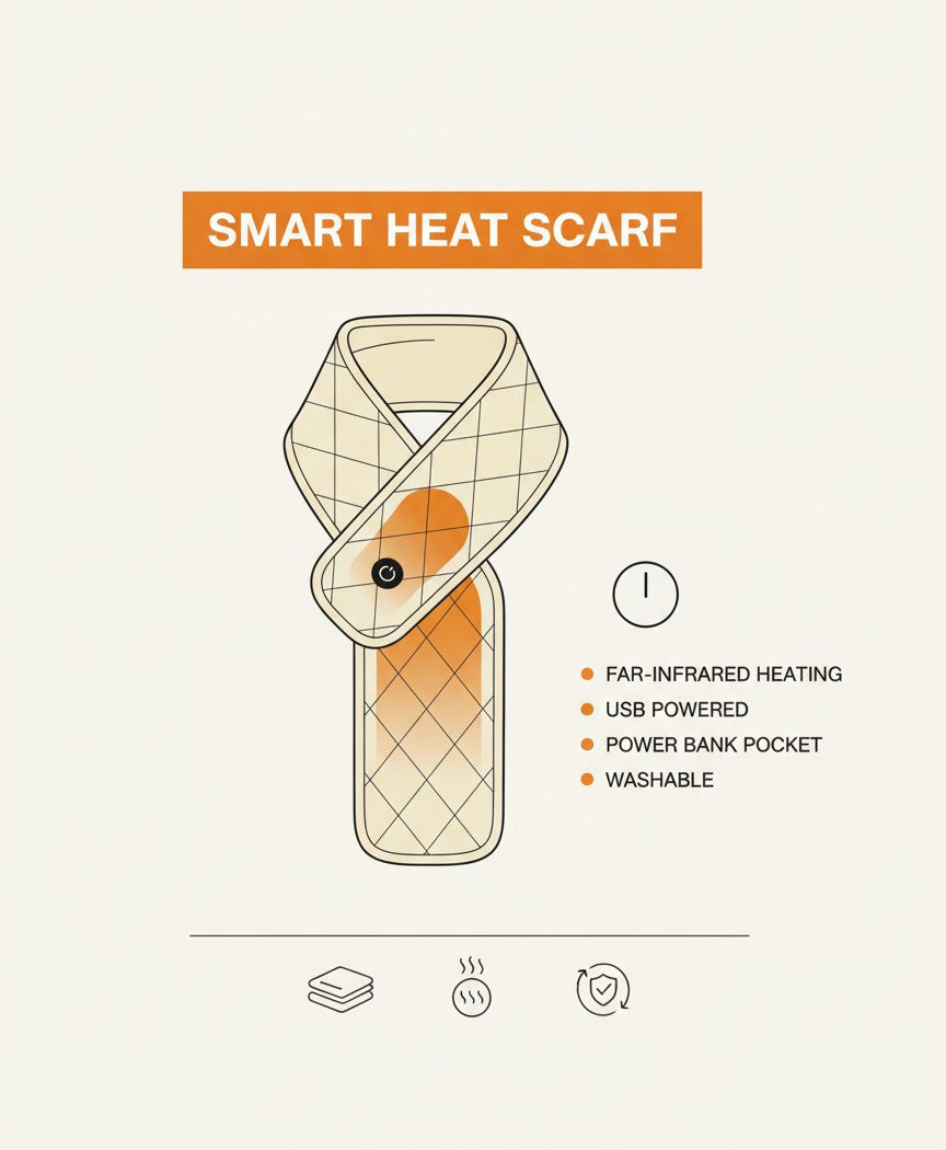 Heated Scarf for Women & Men, Quilted Neck Warmer, USB Powered, 3 Heat Levels, Far-Infrared for Camping & Commuting