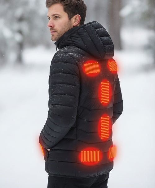 Men's Heated Puffer Jacket with Hood, USB Powered, 9 Heating Zones, 3 Heat Levels, Windproof for Skiing & Work
