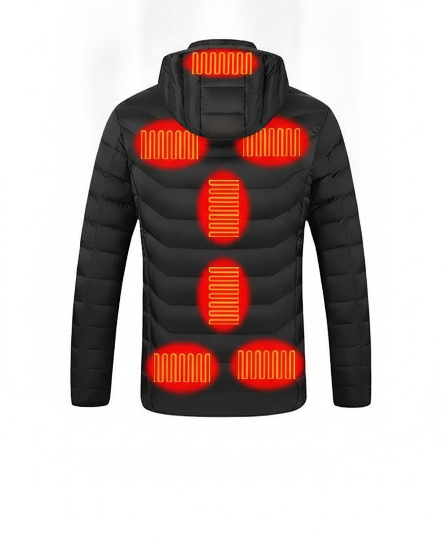 Men's Heated Puffer Jacket with Hood, USB Powered, 9 Heating Zones, 3 Heat Levels, Windproof for Skiing & Work