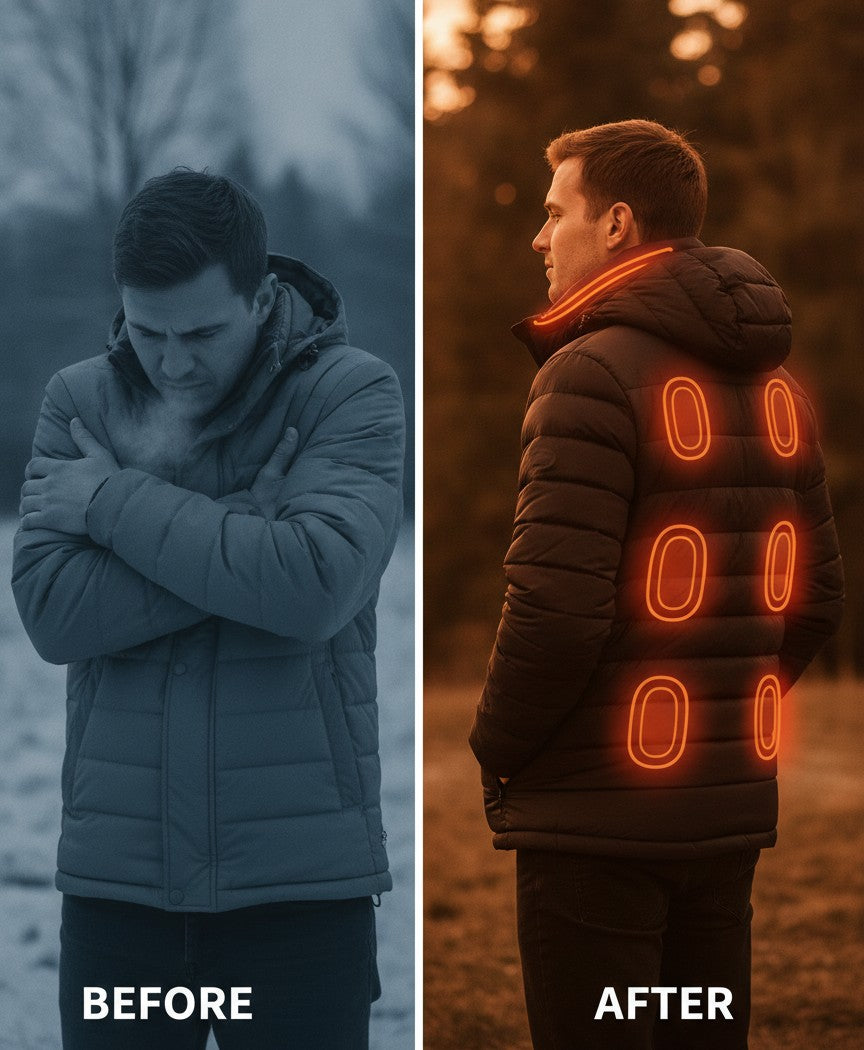 Men's Heated Puffer Jacket with Hood, USB Powered, 9 Heating Zones, 3 Heat Levels, Windproof for Skiing & Work