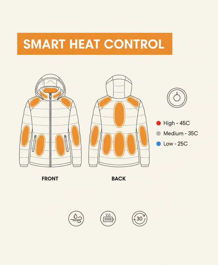 Men's Heated Puffer Jacket with Hood, USB Powered, 9 Heating Zones, 3 Heat Levels, Windproof for Skiing & Work