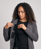 Black heating pad set placed inside a fleece-lined vest with pads in the back and waist pockets