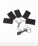 Five black heating pads with connected wires, controller button and USB plug laid out on white
