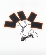 Black 12 x 8 cm heating pad with wires and the power button controller shown in a corner inset