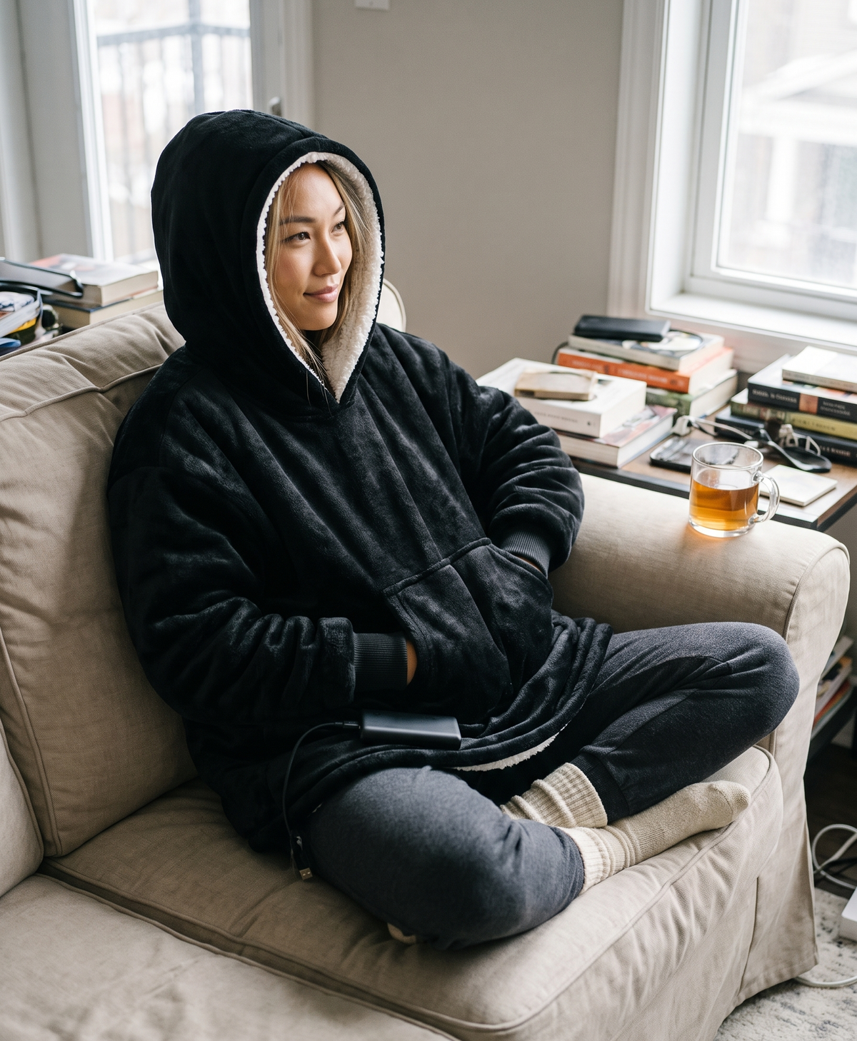 Woman relaxing at home in the heated wearable blanket hoodie, candid photo