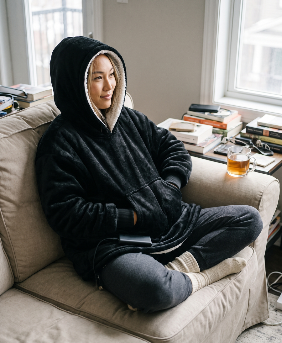 Woman relaxing at home in the heated wearable blanket hoodie, candid photo
