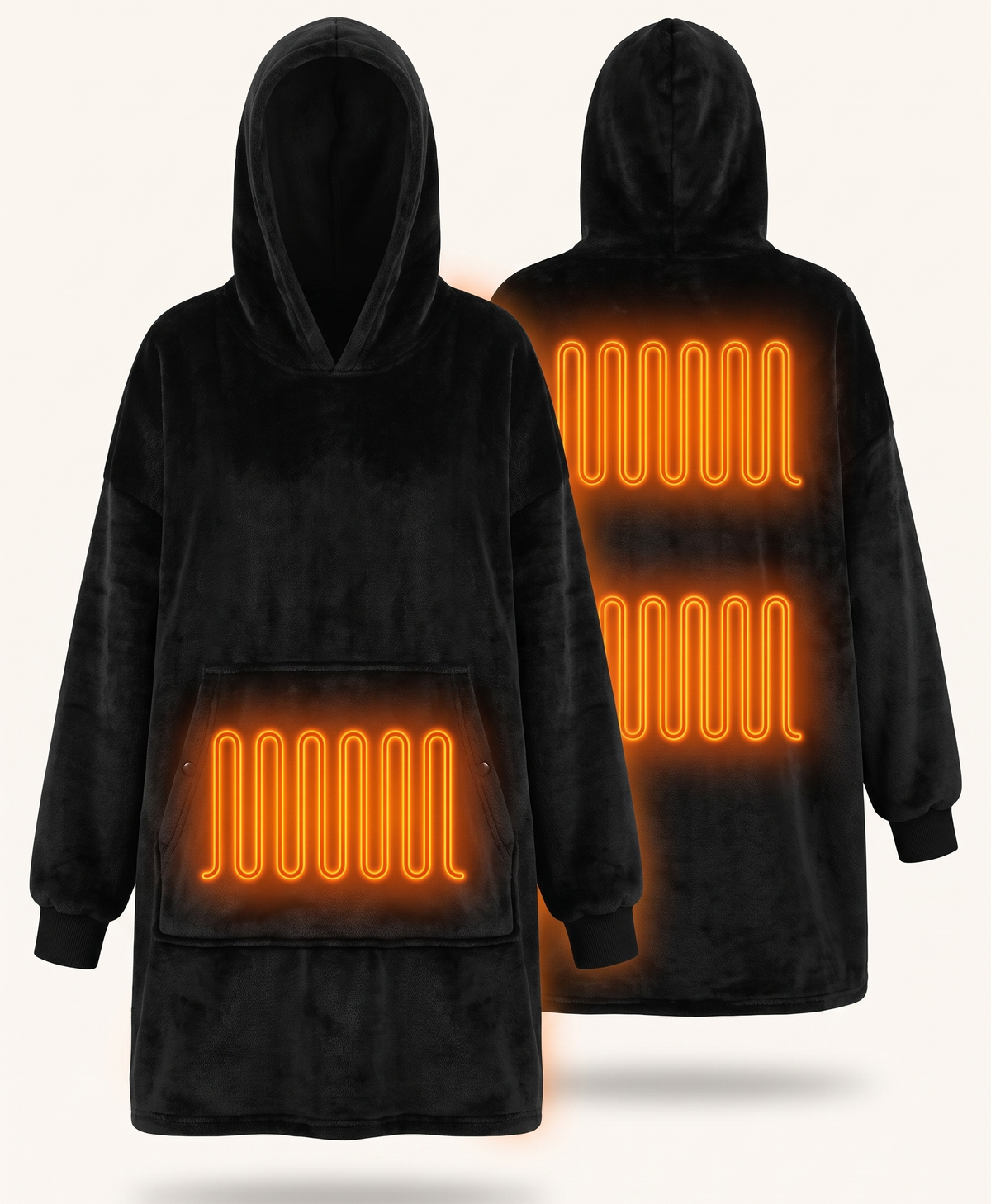 Heated blanket hoodie heating zones: upper back, mid back and belly