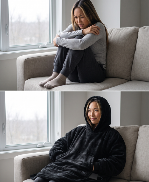 Before and after: chilly on the couch, then warm and cozy in the heated blanket hoodie