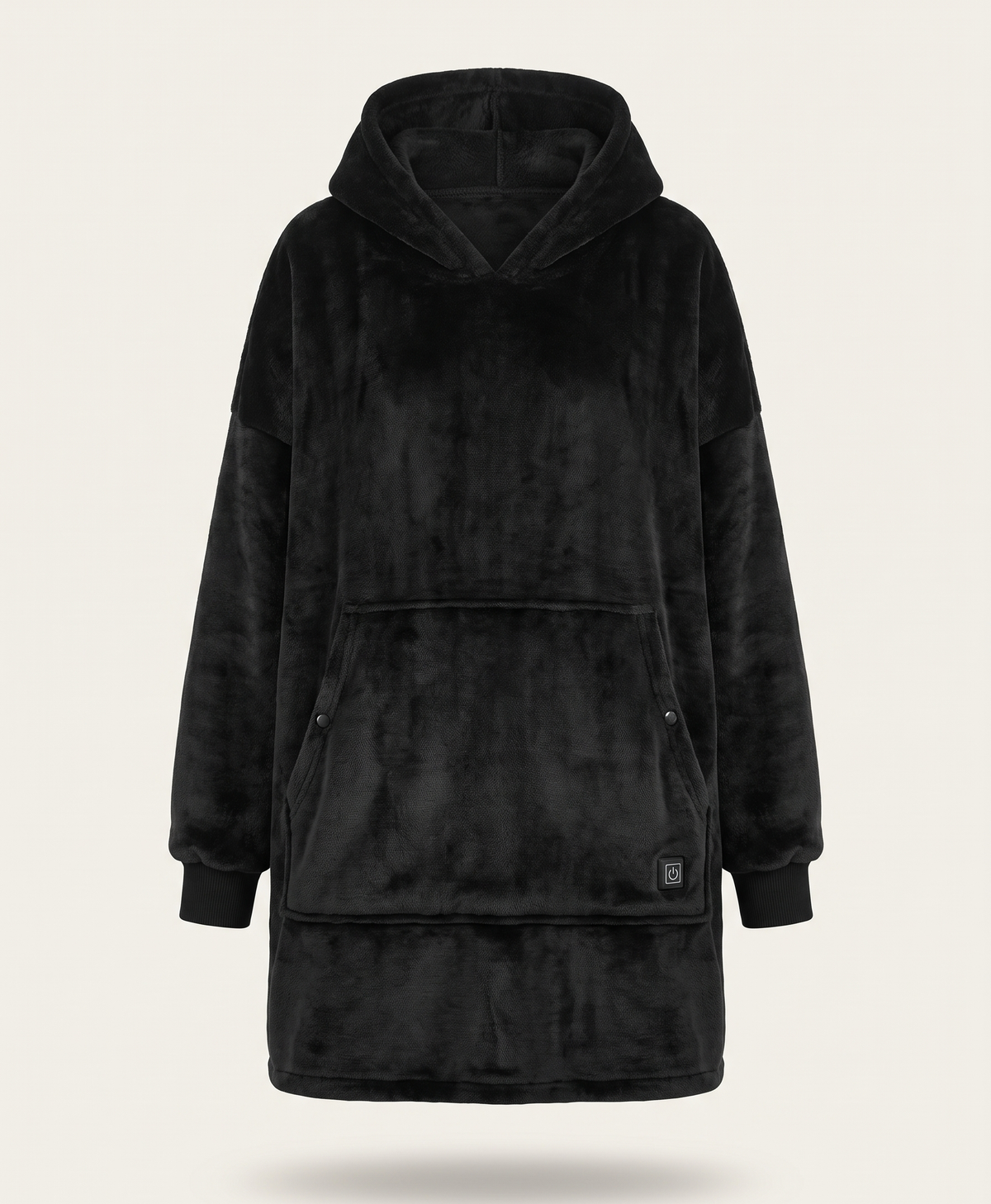 Black heated wearable blanket hoodie, front view