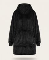 Black heated wearable blanket hoodie, front view