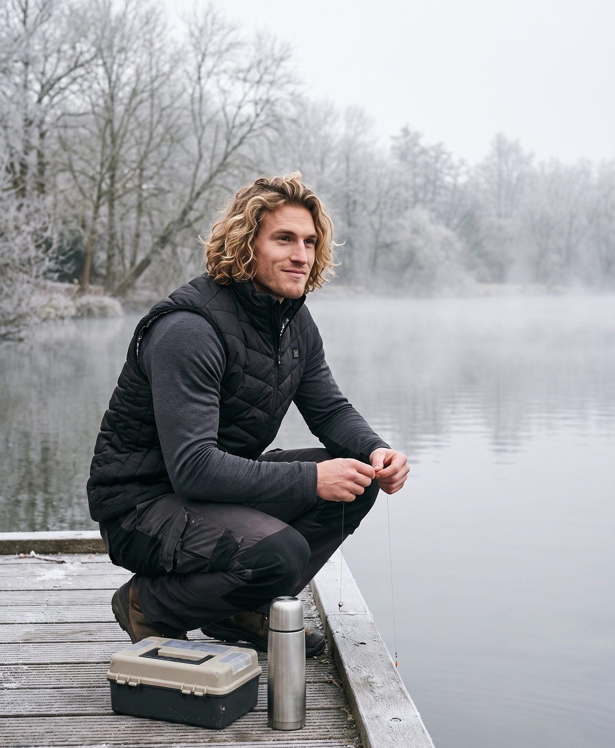 Man in the heated vest crouching on a frosty lakeside dock, candid photo