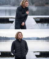 Before and after: cold on a lakeside dock in a thin layer, then warm in the heated vest
