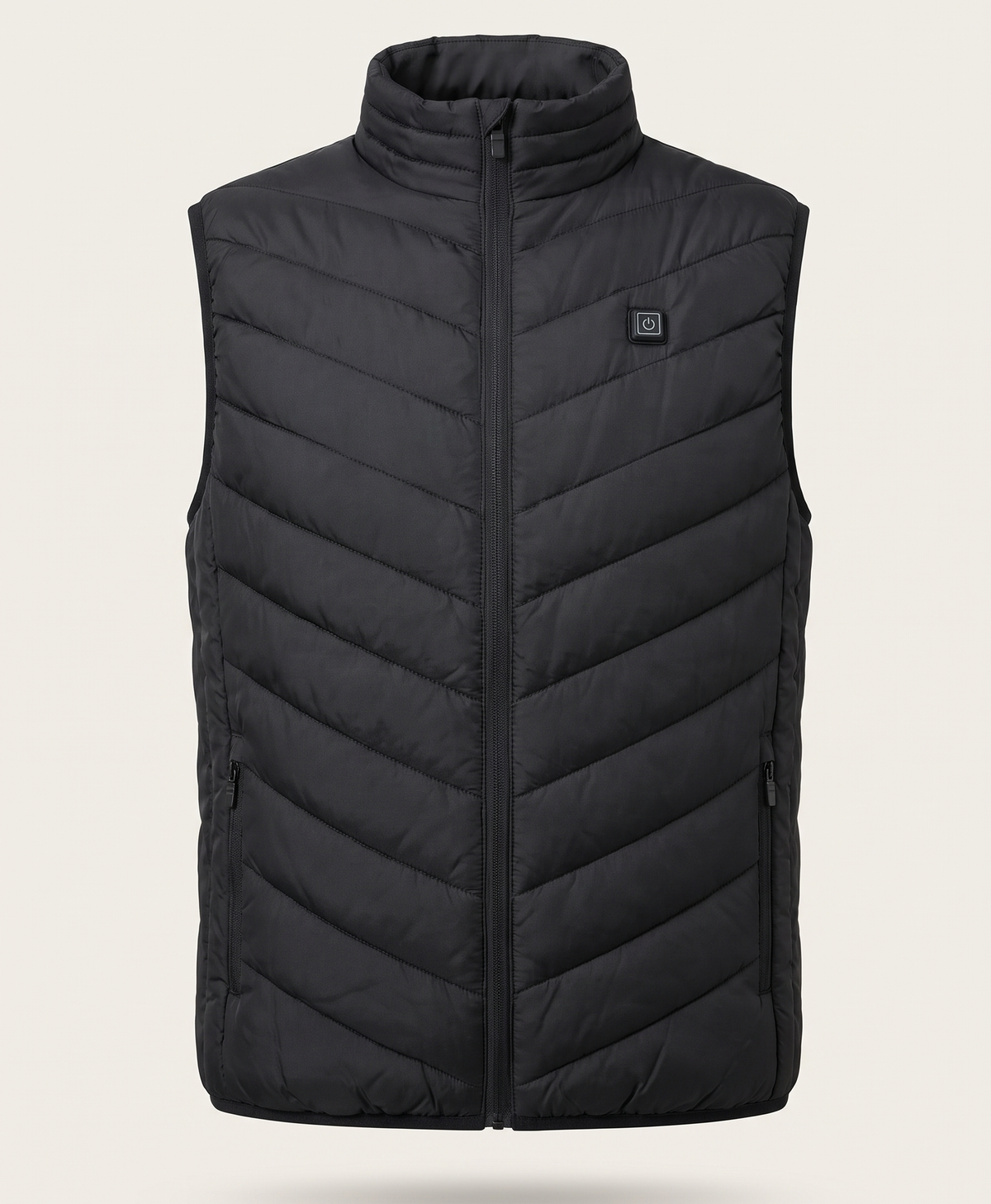 Black men's heated vest with stand collar, front view