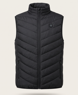 Black men's heated vest with stand collar, front view