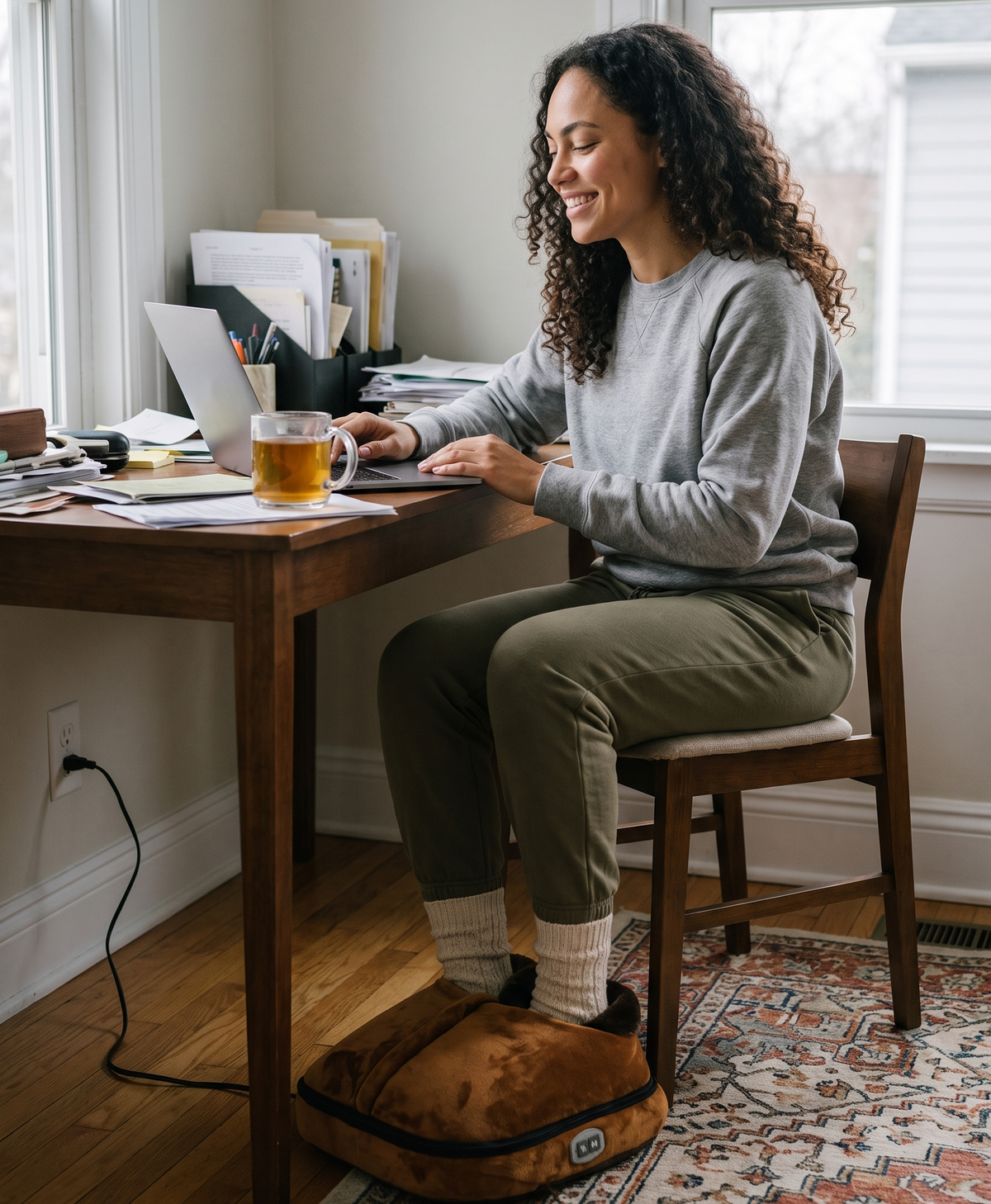 Woman working at her home office desk with her feet in the heated foot warmer, candid photo