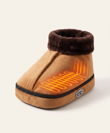 Heated foot warmer with glowing heating element inside the boot