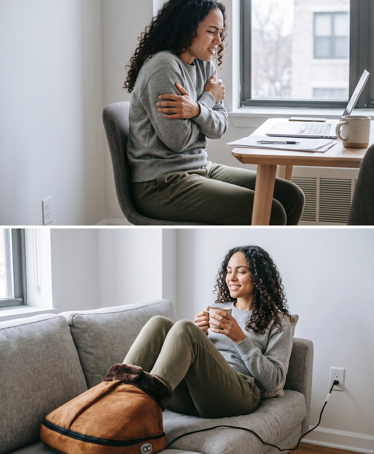 Before and after: cold at the desk, then cozy on the couch with feet in the heated foot warmer