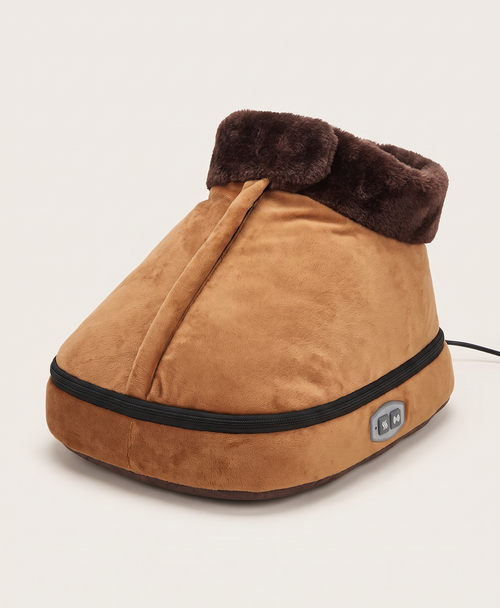 Caramel velvet heated foot warmer with faux-fur collar