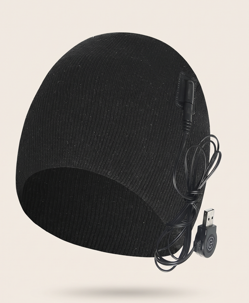 Black heated knit beanie with USB lead on a plain background