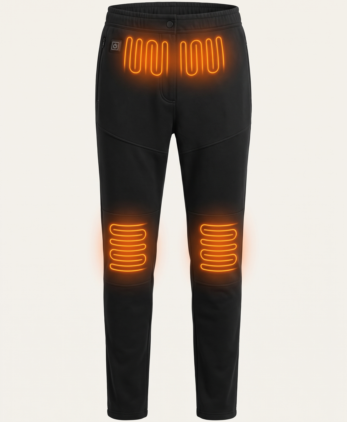 Heated pants heat zones at the lower abdomen and both knees