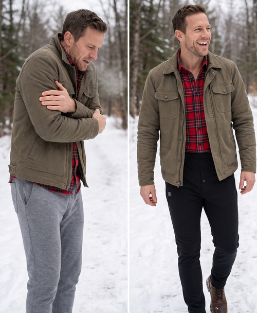 Before and after: cold on the trail vs warm in heated pants
