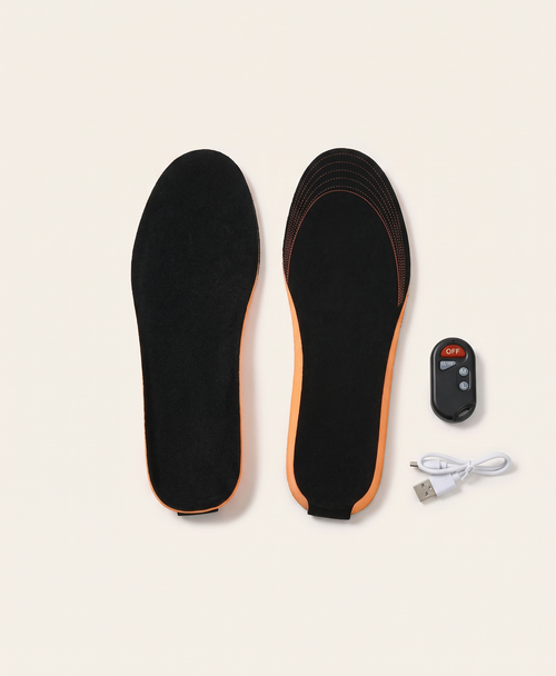 Pair of rechargeable heated insoles with wireless remote and USB charging cable