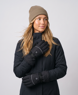 Pair of black heated gloves with power buttons, reflective stripe and wrist straps, shown flat on a white background