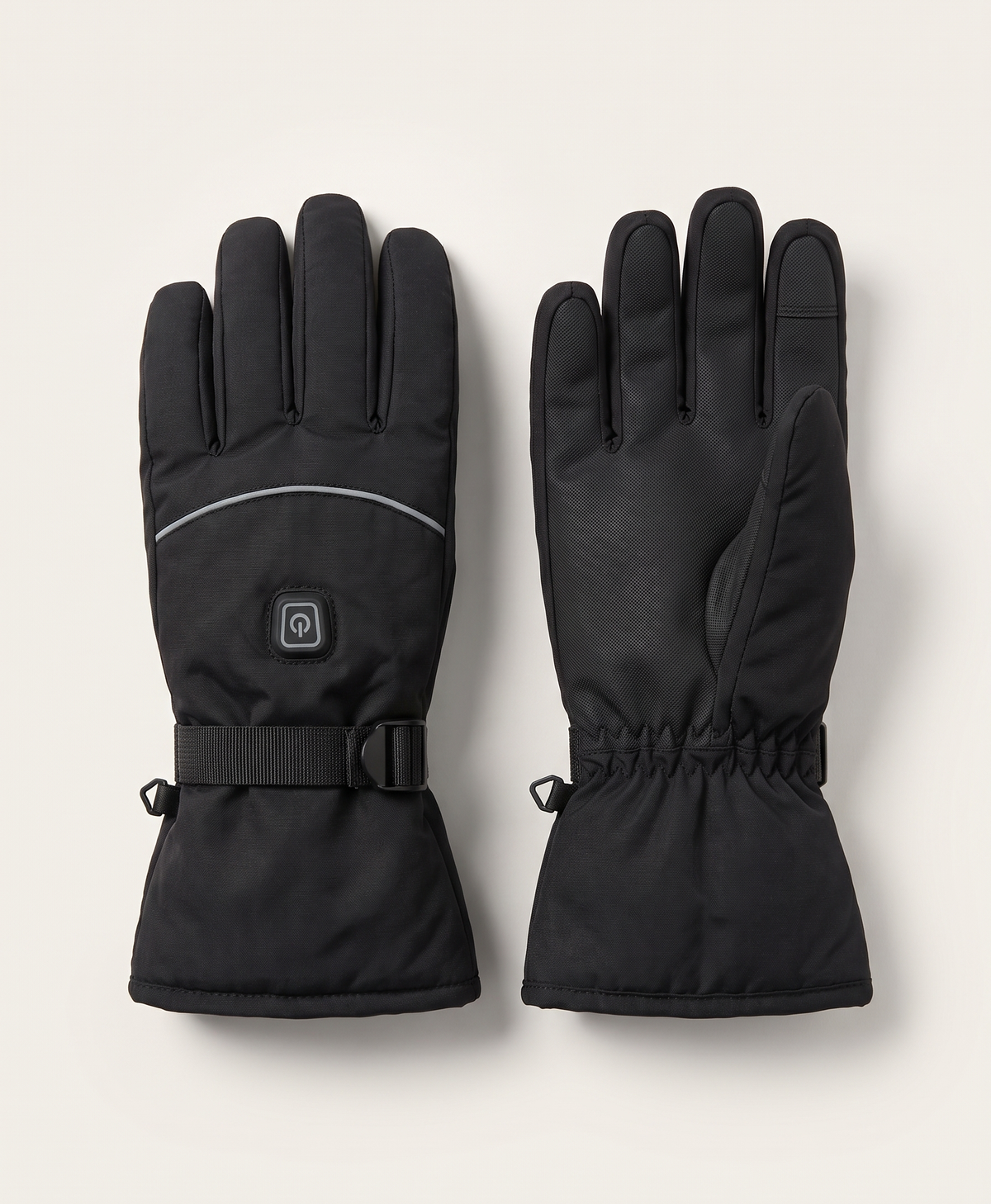 Pair of black split-finger heated gloves with a power button on the back of each hand and an adjustable wrist strap
