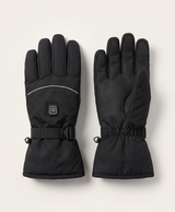 Pair of black split-finger heated gloves with a power button on the back of each hand and an adjustable wrist strap