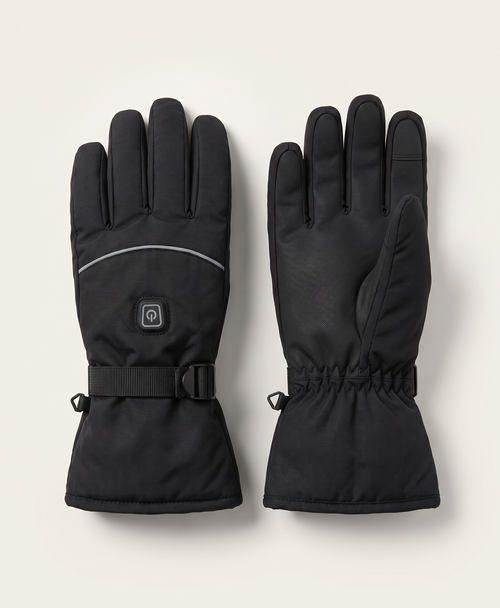 Pair of black split-finger heated gloves with a power button on the back of each hand and an adjustable wrist strap