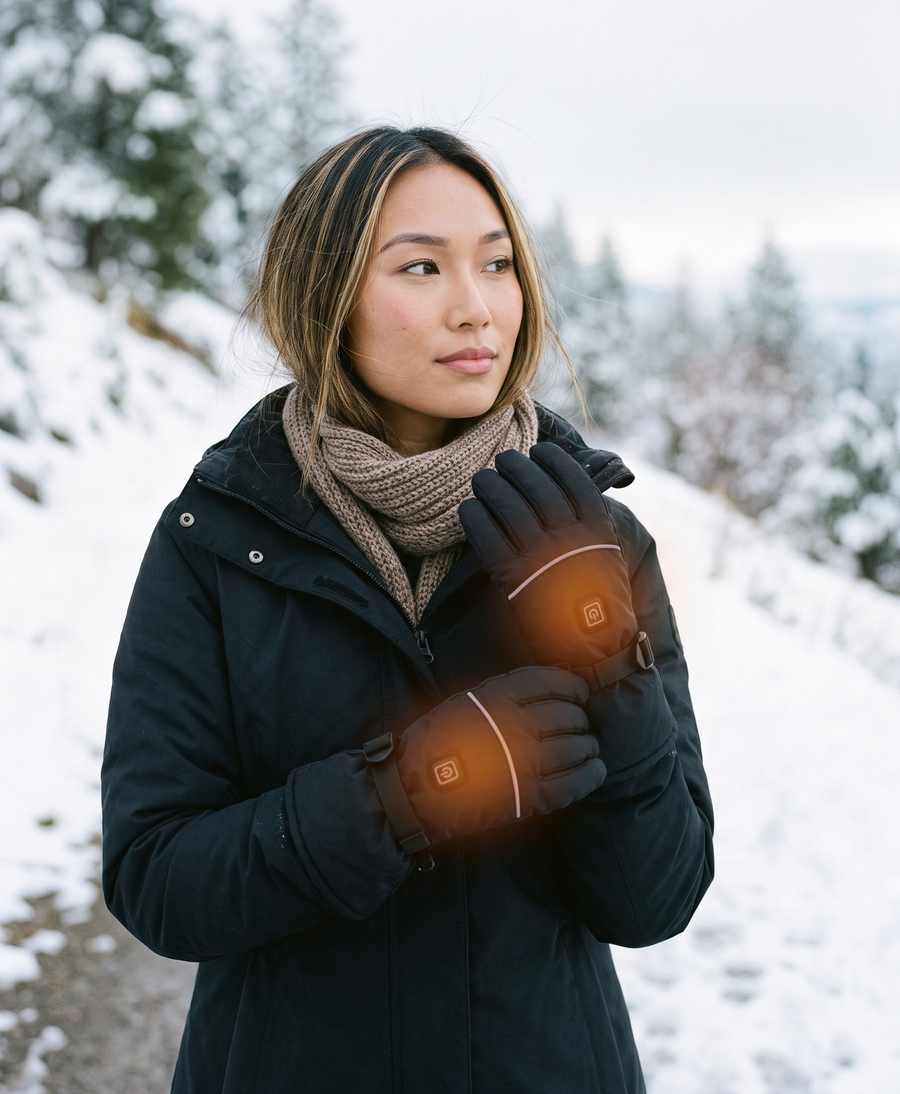 Black heated glove on a snowy landscape with its battery case and cord hanging below the cuff