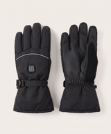 Two black split-finger heated gloves shown from above against a blue sky and snowy mountain