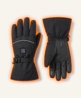 Back of a black heated glove showing the round power button, reflective stripe and wrist strap