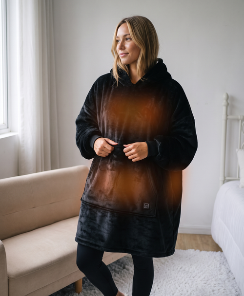 Woman in a navy sherpa-lined heated blanket hoodie with the hood up, standing in a cozy bedroom