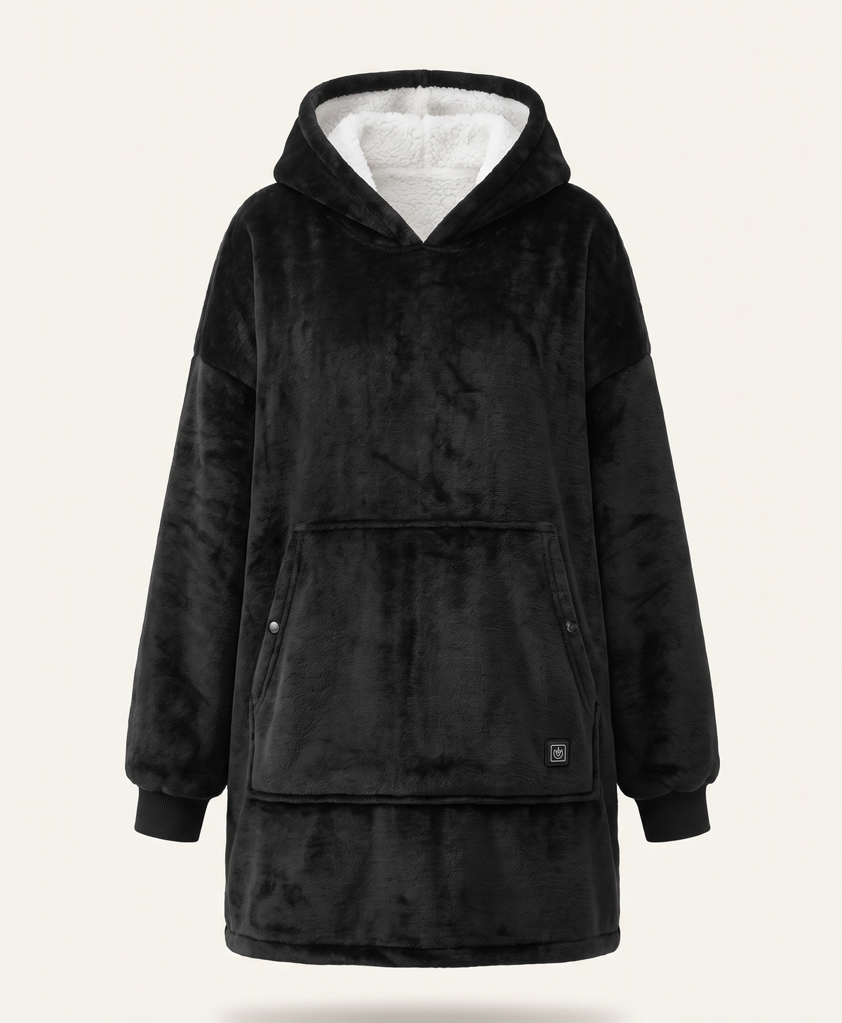 Oversized heated blanket hoodie in flannel with a large front pocket, shown on its own