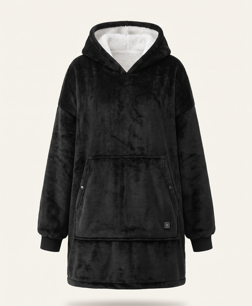 Oversized heated blanket hoodie in flannel with a large front pocket, shown on its own