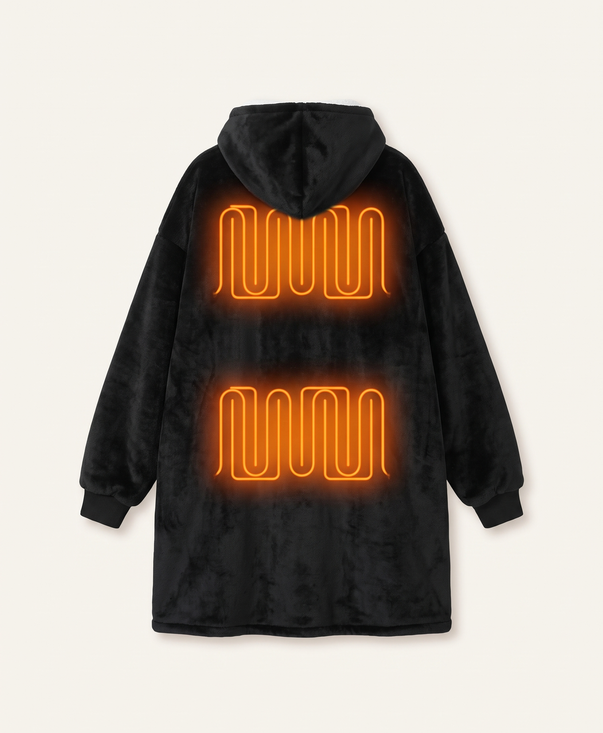 Black heated blanket hoodie with a heat graphic showing the warm area across the body and a hand in the front pocket