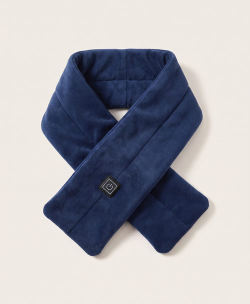 Black heated scarf laid flat and crossed, shown with other available colors including navy, pink, red, grey and beige