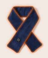 Navy blue heated scarf with a label showing green low, blue medium and red high temperature settings