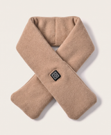 Light coffee USB heated scarf laid flat showing the one-button power control on the front