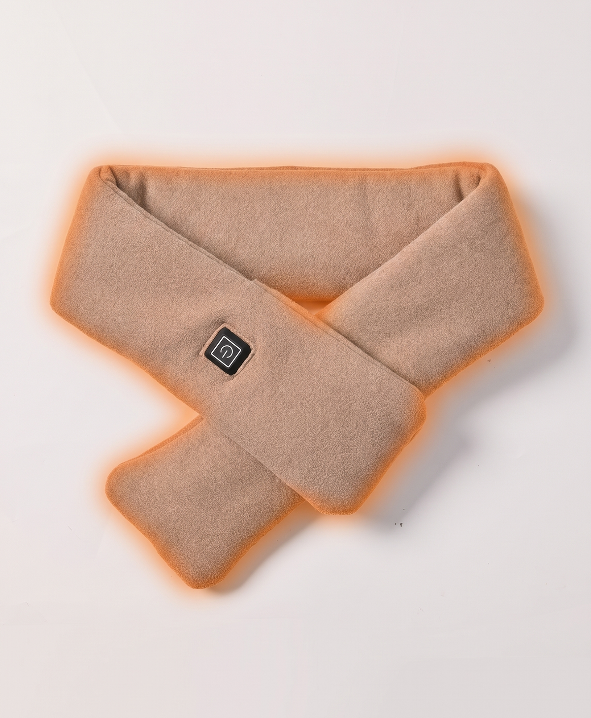 Light coffee heated scarf with heating panel and green, blue and red lights for the three heat settings