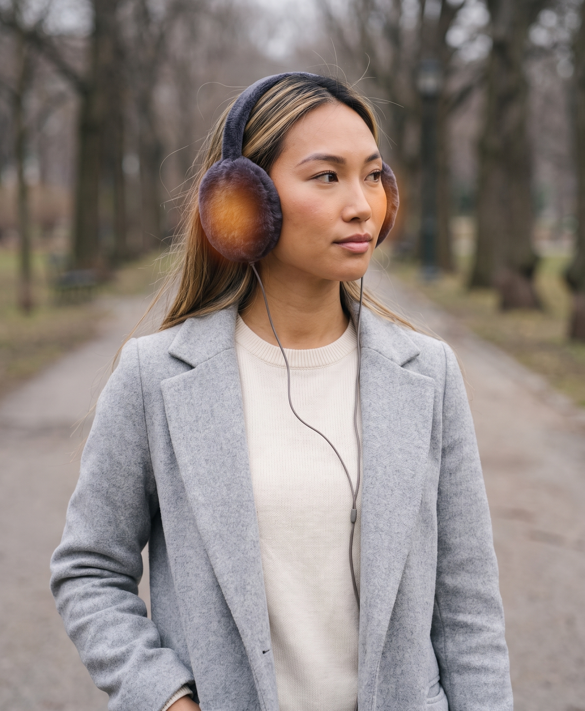 Gray plush heated earmuffs connected by cable to a black power bank, shown next to a white wooden crate