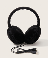 Gray plush heated earmuffs with the USB cable and its dual connector plugs laid out beside them