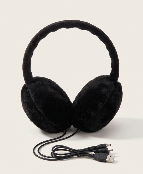 Gray plush heated earmuffs with the USB cable and its dual connector plugs laid out beside them
