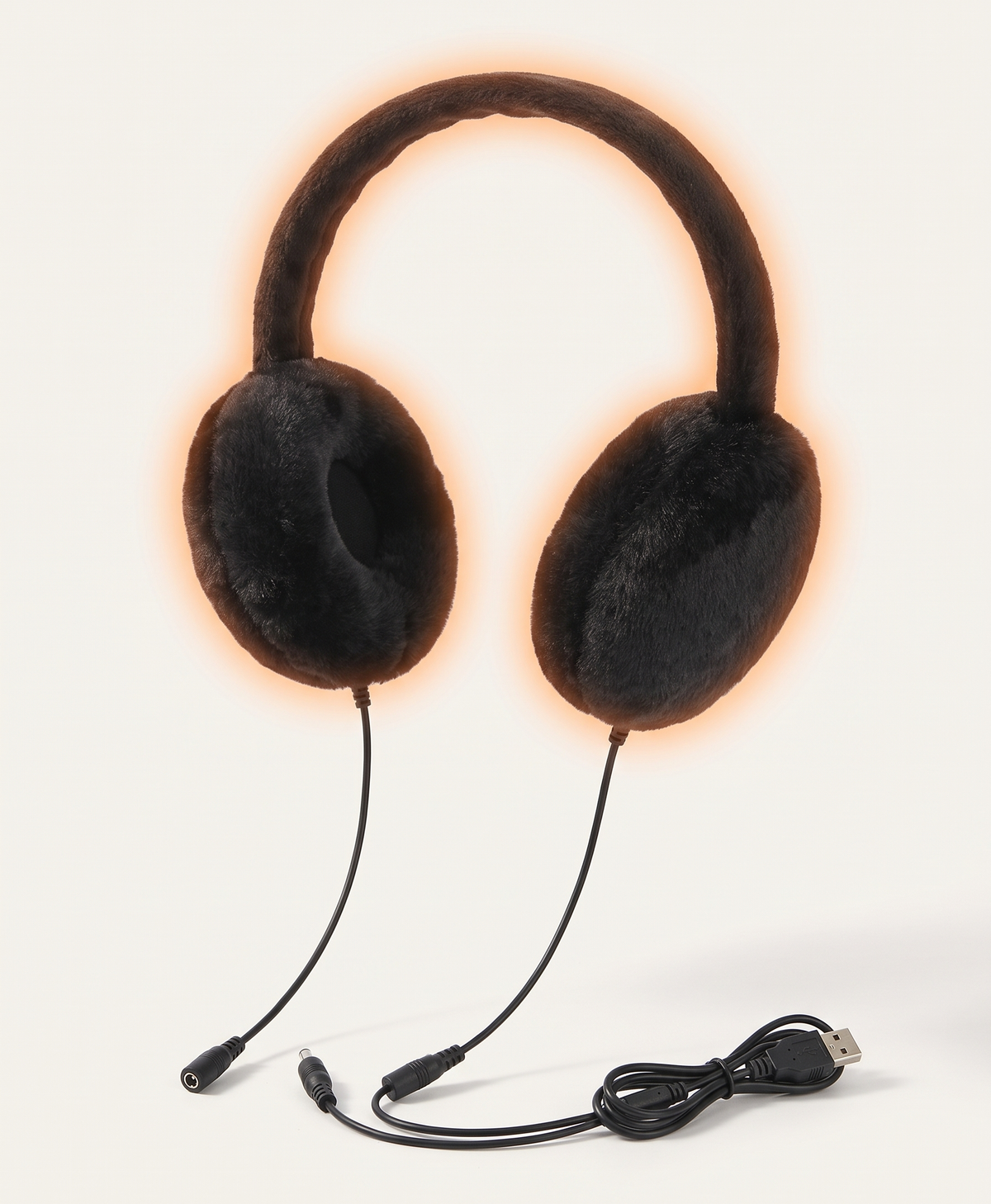 Gray plush heated earmuffs with heated earflaps, powered through the cable by a USB power bank