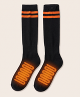 Heated socks showing three temperature levels and double-sided heating across the sole and upper of the foot