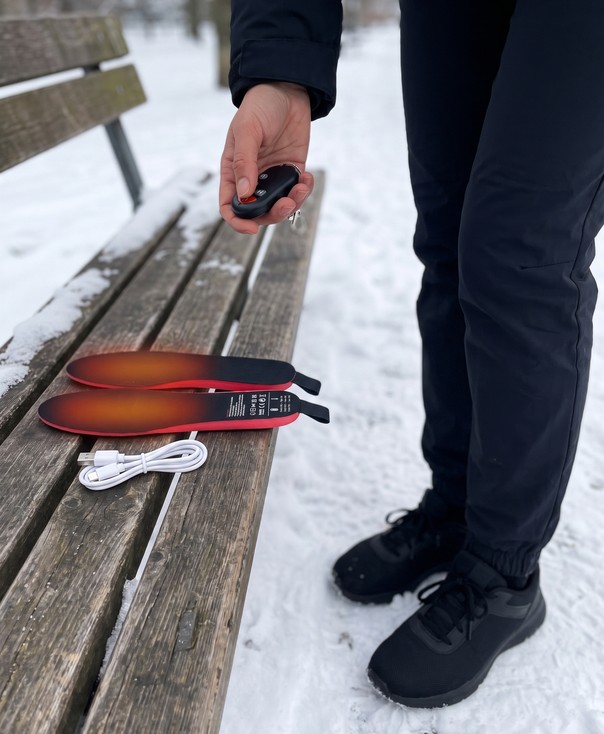 Woman jogging through snow with heated insoles and a remote control shown beside her
