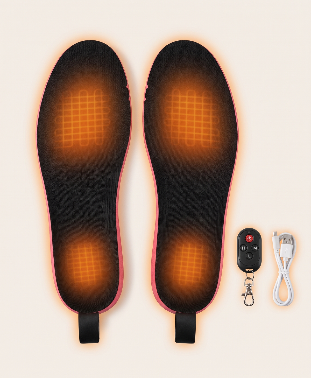 Heated insoles with glowing heat zones and a four-button remote control for H, M and L levels